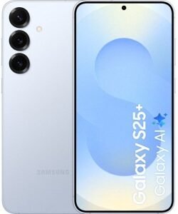 Samsung Galaxy S25 Plus 256GB azul hielo nuevo visto de frente y trasera