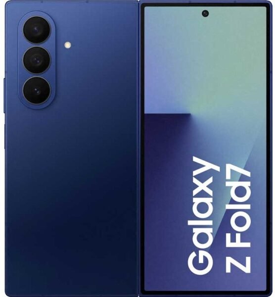 Samsung Galaxy Z Fold7 256GB azul sombra nuevo visto plegado con diseño fino y pantalla exterior