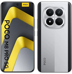POCO M8 Pro 5G 8GB+256GB plata nuevo, vista frontal y trasera
